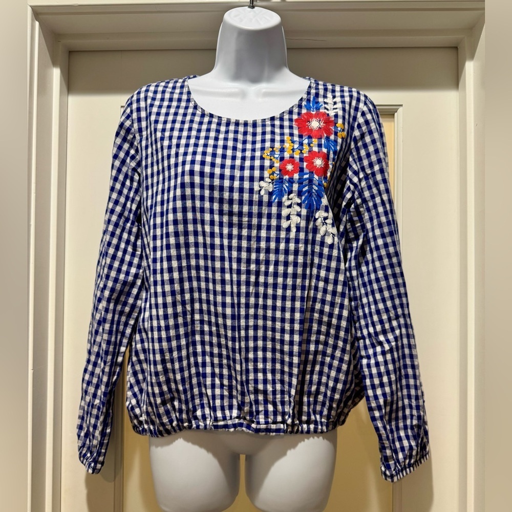 Cherish Gingham Floral Embroidered Top Blue Check — Fits Medium - Picture 3 of 14